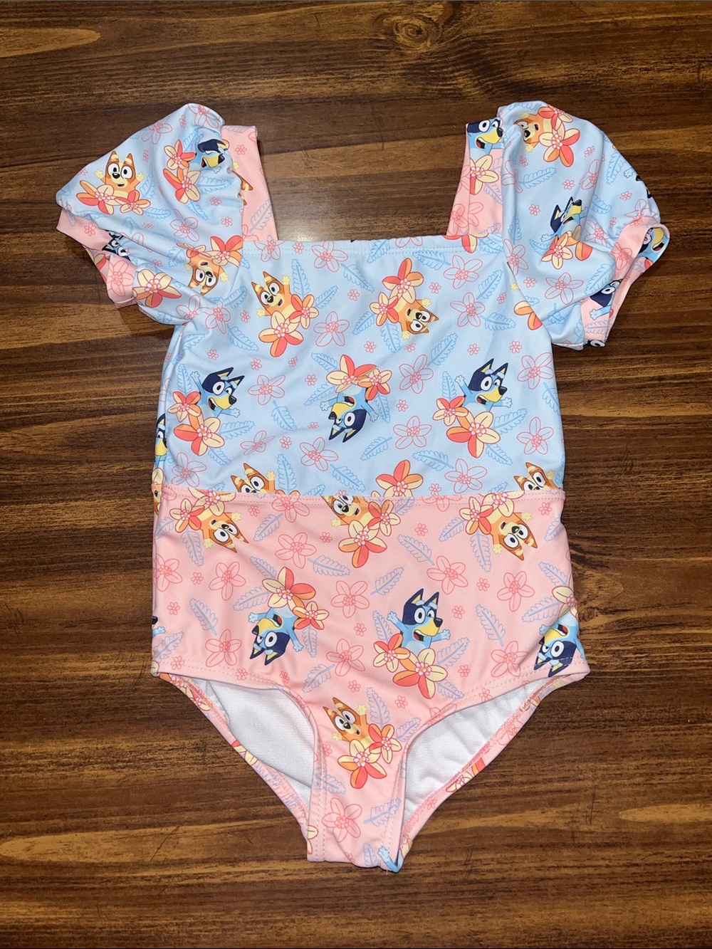 EUC- Bluey Blue & Pink Floral Cartoon One-Piece Swimsuit size 5T